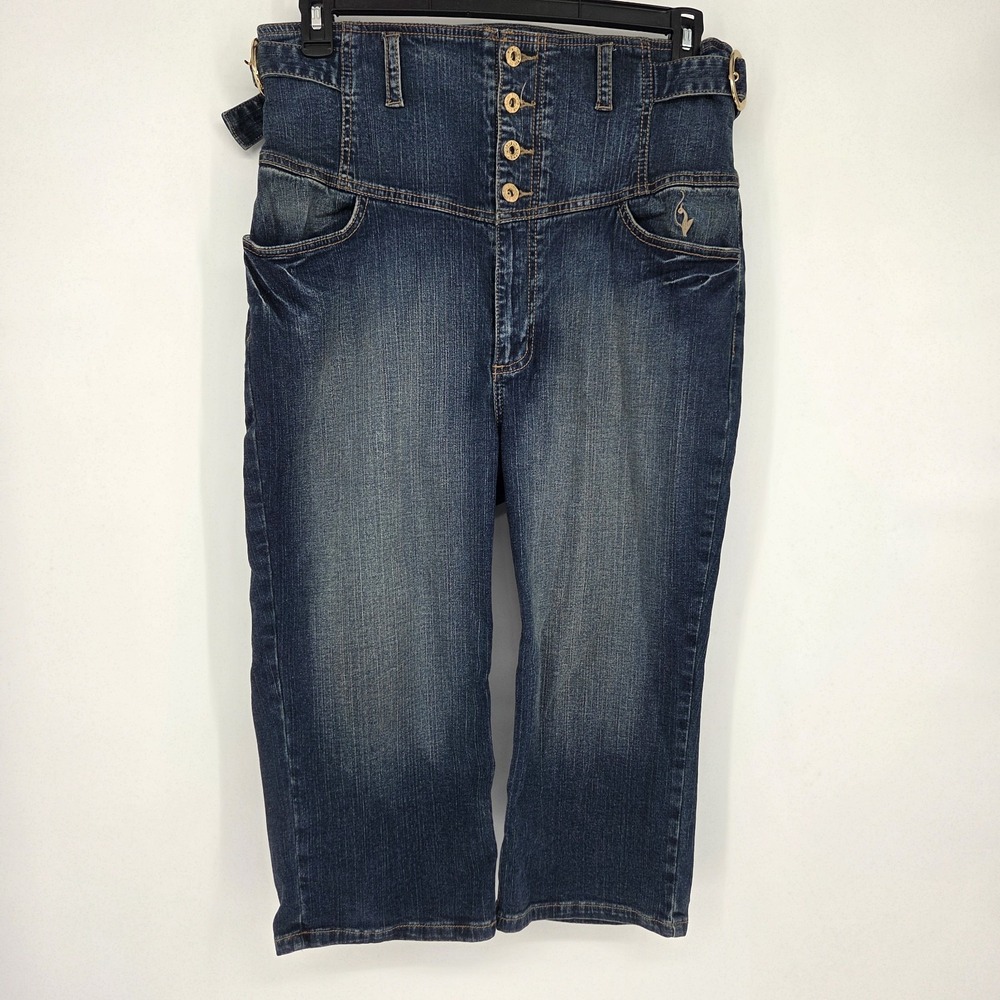 Y2K Baby Phat Capri Jeans 13 Blue‎ Denim Corset Waist Embroidered Logo